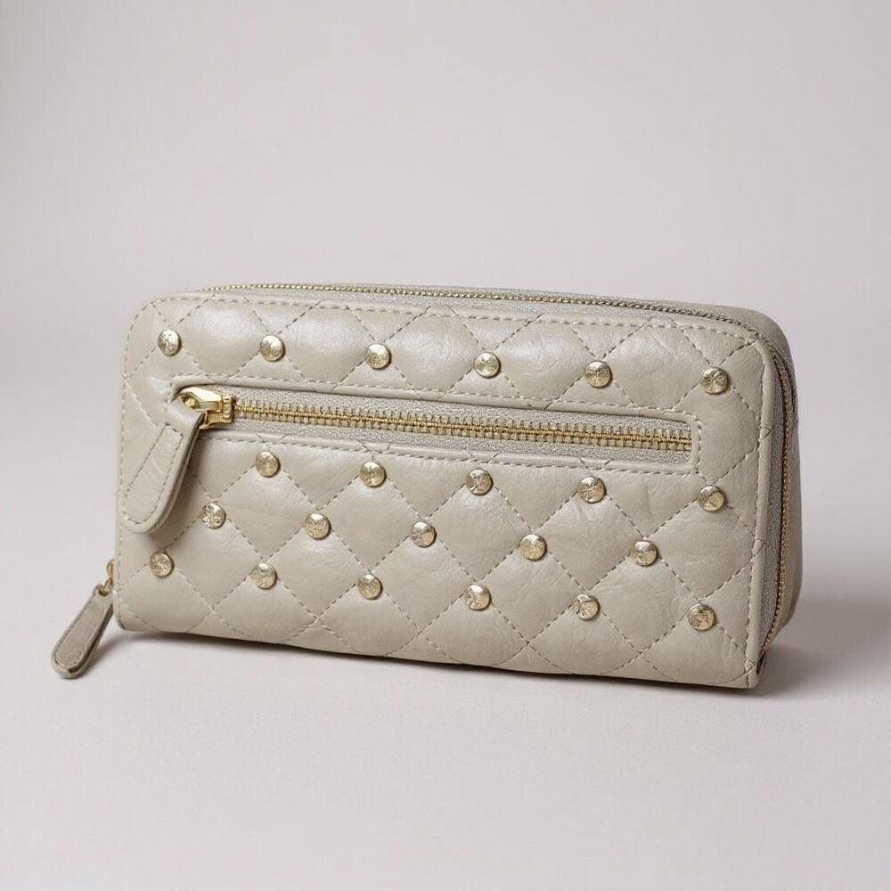 NWOT Solid Light Gray Multi Pocket Studded Wallet with zippers and white studs